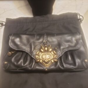 Black Leather Clutch with Gold Accents